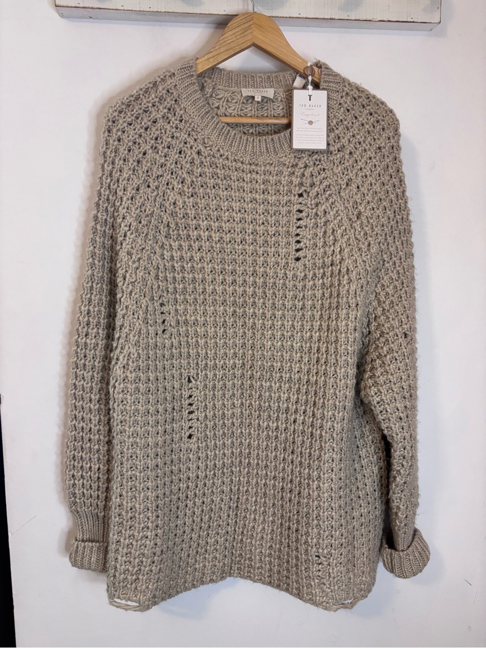 NWT Ted Baker Taupe Open-Weave Distressed Crewneck Sweater